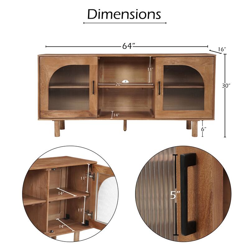 64 Inch James TV Stand Console, 2 Arch Glass Door Cabinets & Shelves, Walnut Brown Mango Wood