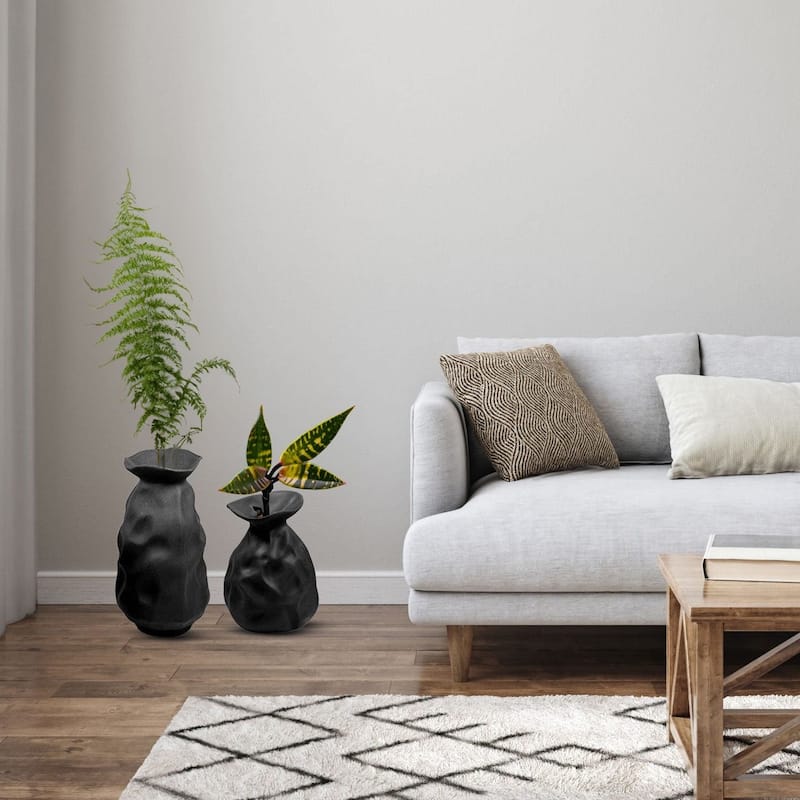 Set of Two Paper Bag Inspired Black Ceramic Vases
