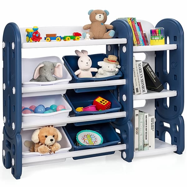 slide 2 of 22, Costway Kids Toy Storage Organizer w/Bins & Multi-Layer Shelf for Blue&White