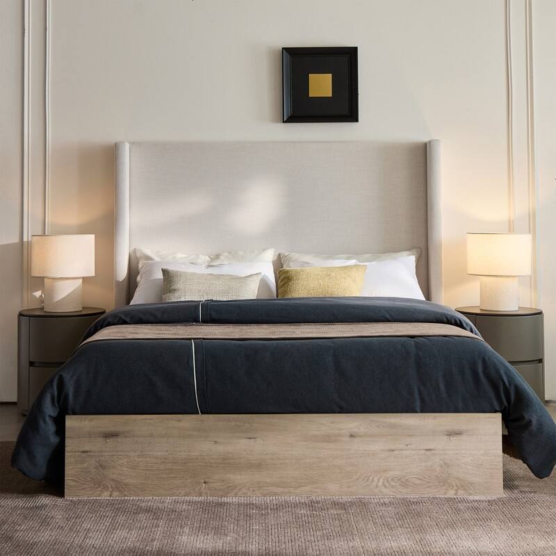 Tall Headboard Wingback Upholstered Platform Bed Frame Elegant Textured for Bedroom Strong Wood Slats Support