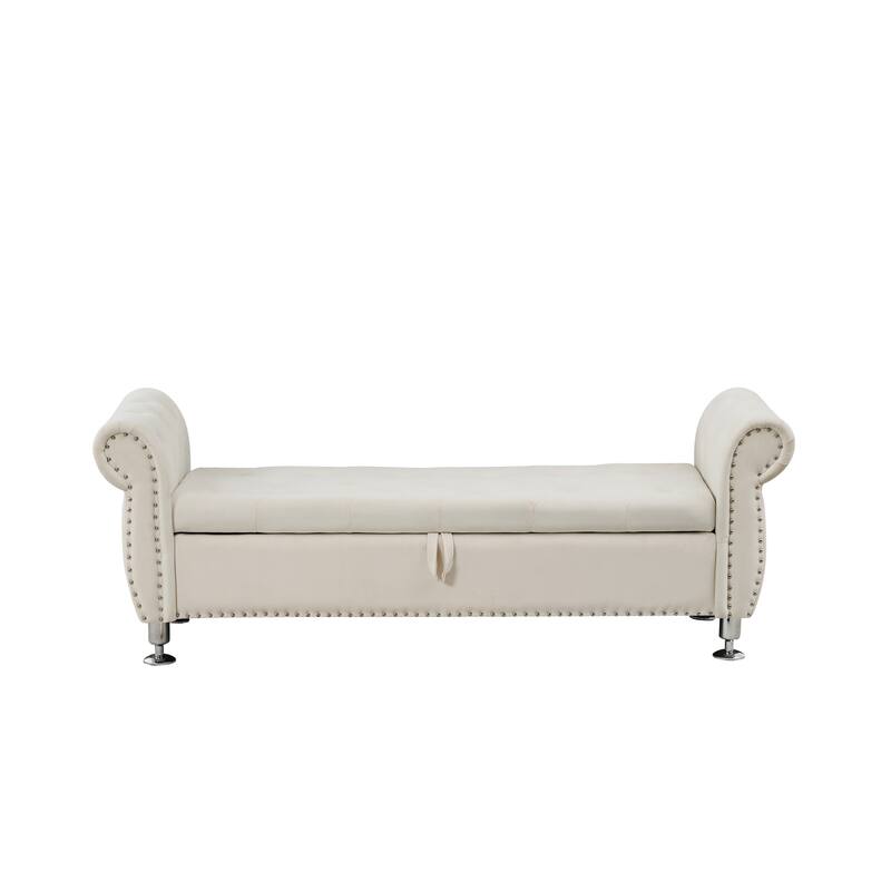 Velvet Storage Bench 62.2 Inch Upholstered Tufted Ottoman Bench with Rolled Arms, Large End of Bed Bench with Rivet Decoration