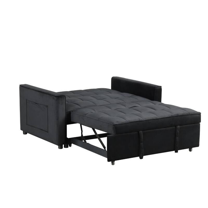 Marve Convertible Sleeper Loveseat, Side Pockets, Black Velvet 54 Inch