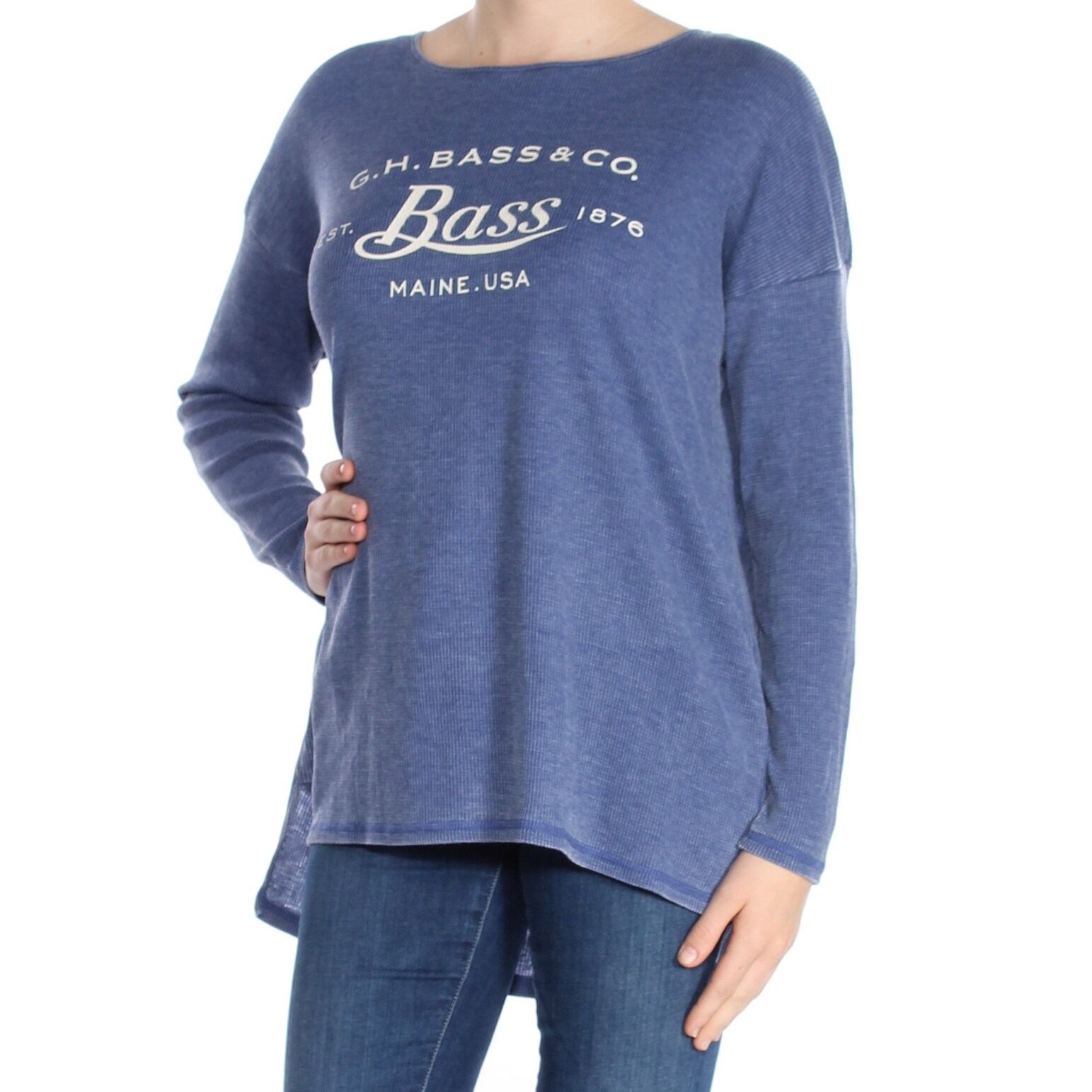 Shop Bass Womens Blue Printed Long Sleeve Jewel Neck Top Plus Size