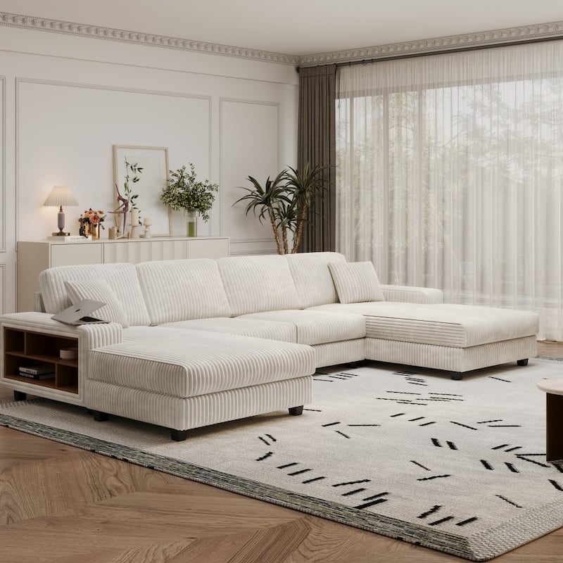 Modern Convertible U-shaped Wood Frame Sectional Sofa with Storage Armrests - Beige