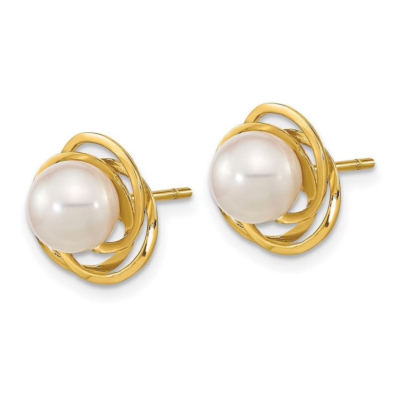 Curata 14k Yellow Gold 6-7mm Round White Saltwater Akoya Pearl Post Earrings (11.39x6.75mm)