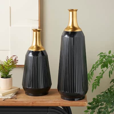 Black Metal Tall Ribbed Decorative Vase with Gold Tops (Set of 2)