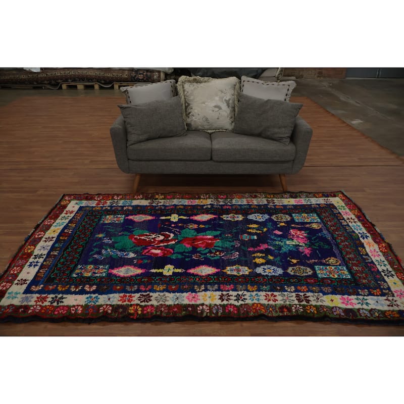 Hand Knotted Oriental 100% Wool Carpet Tribal Geometric Navy Blue & Blues Morocco Area Rug - 8' 3'' X 4' 8''