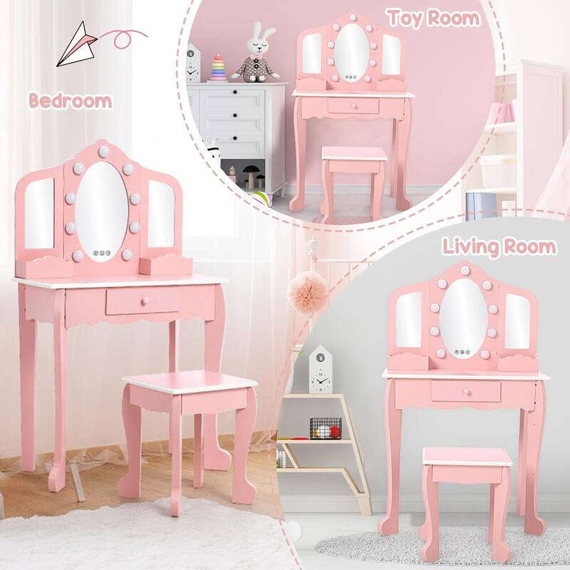 Toddlers and Kids Vanity Set with 3 Mirrors and Stool