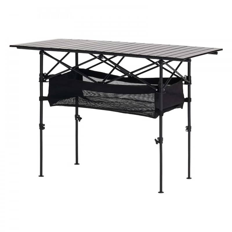 47.2” Black Aluminum Alloy Foldable Adjustable Height Outdoor Camping Table for Picnic 4-6 People