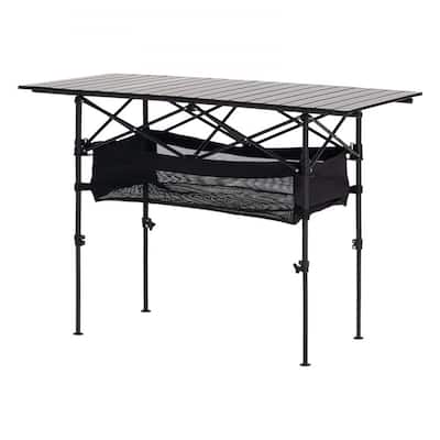 47.2” Black Aluminum Alloy Foldable Adjustable Height Outdoor Camping Table for Picnic 4-6 People