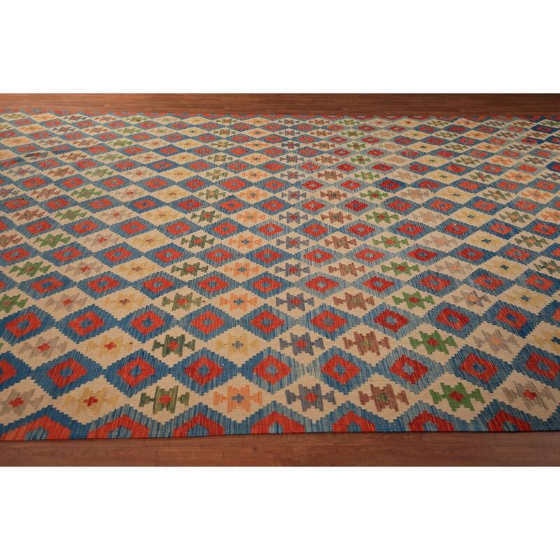 All-Over Trellis Colorful Kilim Large Rug Flatweave Wool Carpet - 10'1" x 15'10"