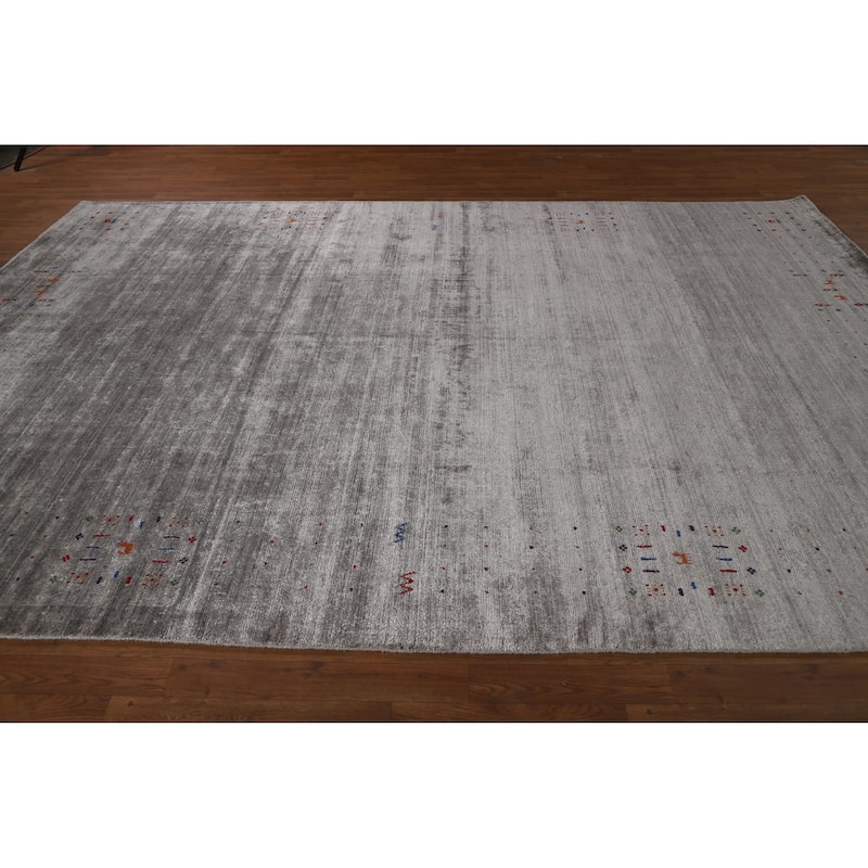 Hand Knotted Oriental Viscose Silk Carpet Tribal Animal Pictorial Greys & Charcoal Gabbeh Area Rug - 11' 6'' X 7' 11''