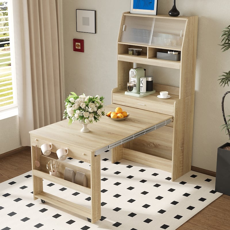 2-in-1 Buffet with Hutch and Foldable Dining Table, Multifunctional Cupboard with Storage Shelf and Side Hooks - Natural