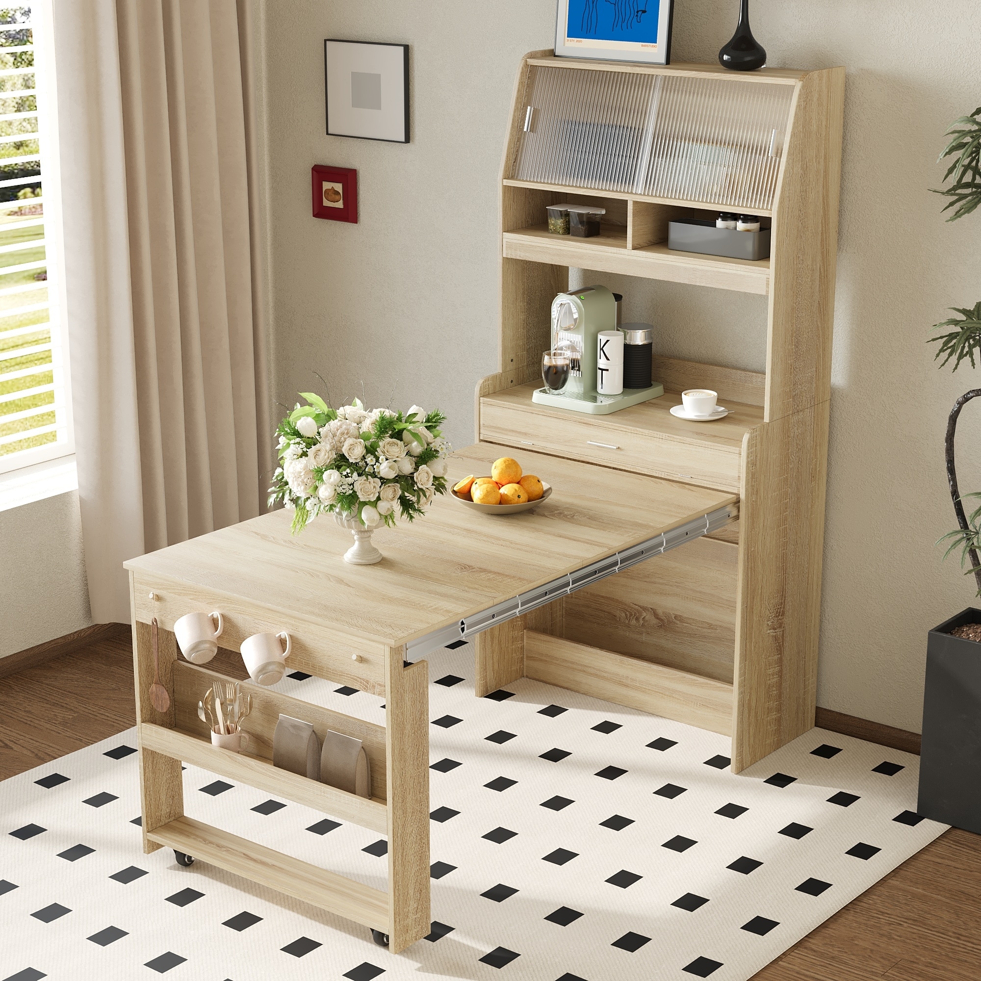 2-in-1 Compact Buffet Cabinet Sideboard with Expandable Dining Table, Natural