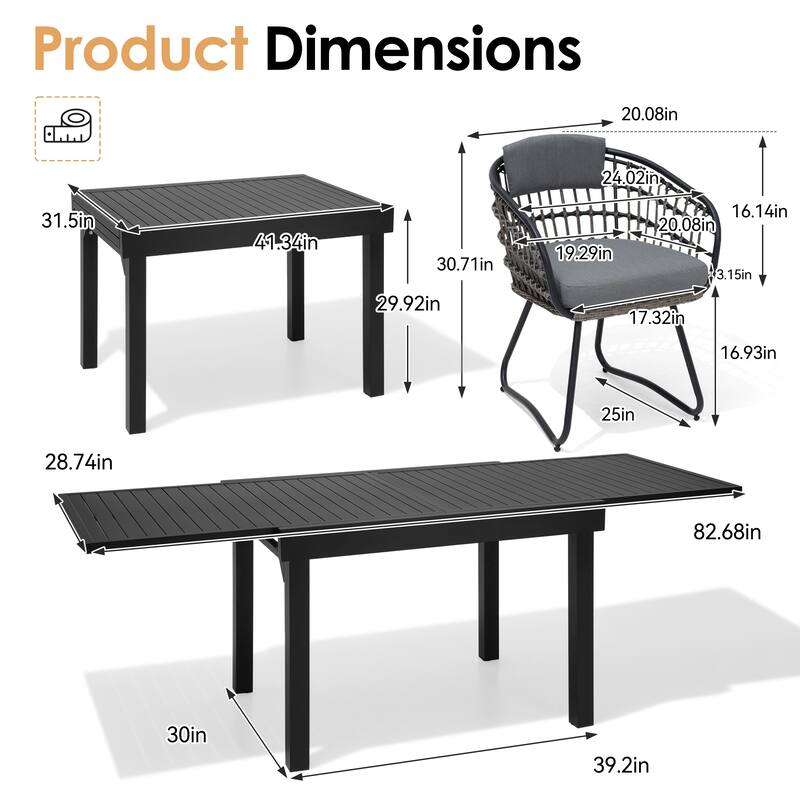 VredHom 7PC Outdoor Patio Extendable Table Dining Sets Table with Rattan Chairs