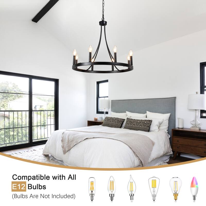 8-light Rustic Farmhouse Wagon Wheel Chandelier Candle Dining Room Lighting Fixtures for Kitchen Island Foyer - N/A