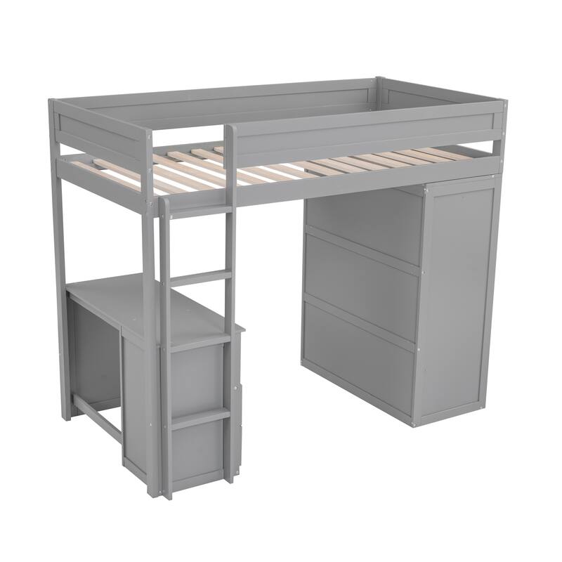 Pine Wood Loft Bed with Wardrobes, 2-Drawer Desk, and Cabinet, Full-Length Guardrail
