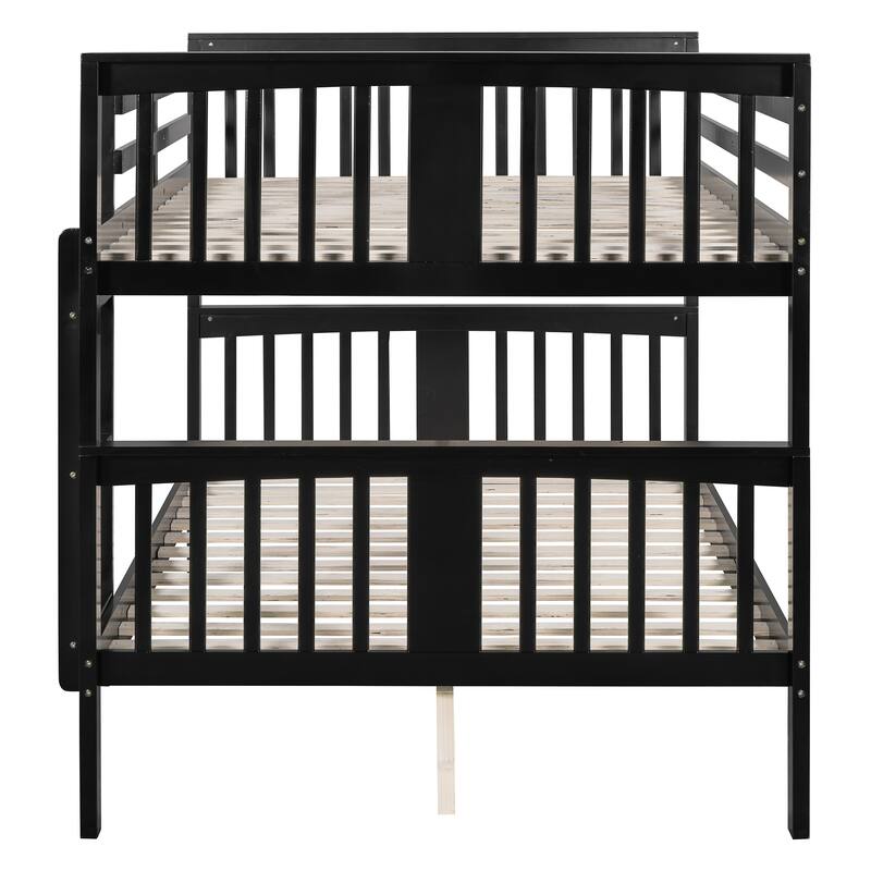 Full over Full Bunk Bed with Ladder, Espresso, No Box Spring Needed, Solid Pine Wood Construction