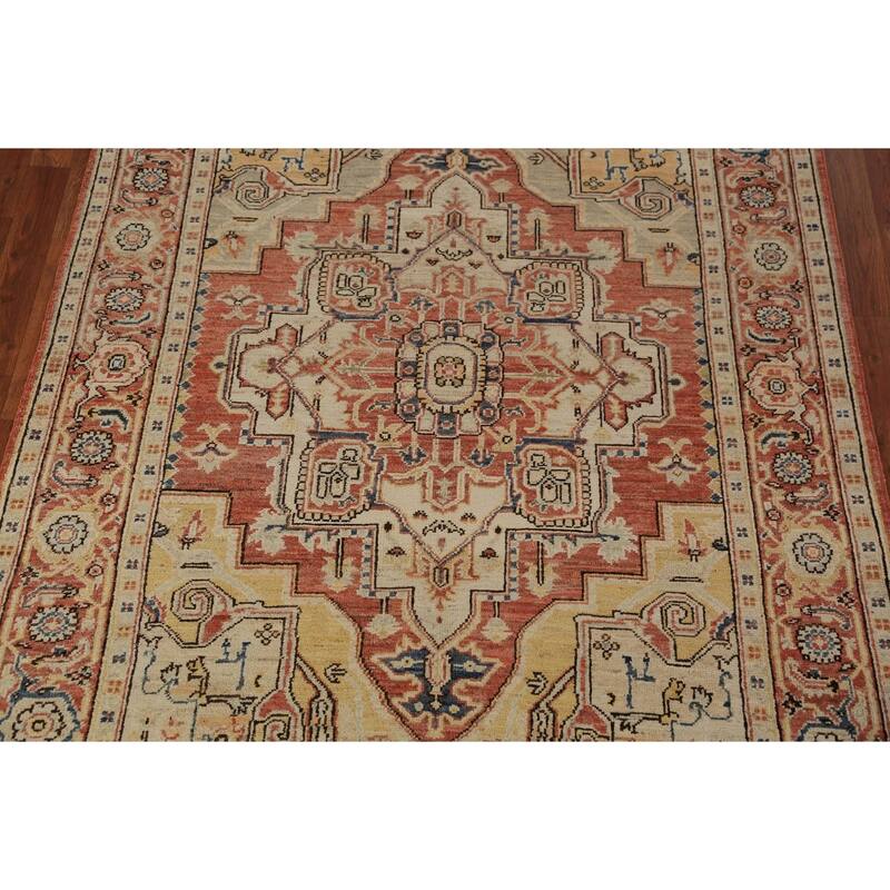 Geometric Heriz Serapi Vegetable Dye Rug Handmade Wool Carpet - 5'0"x 6'10"