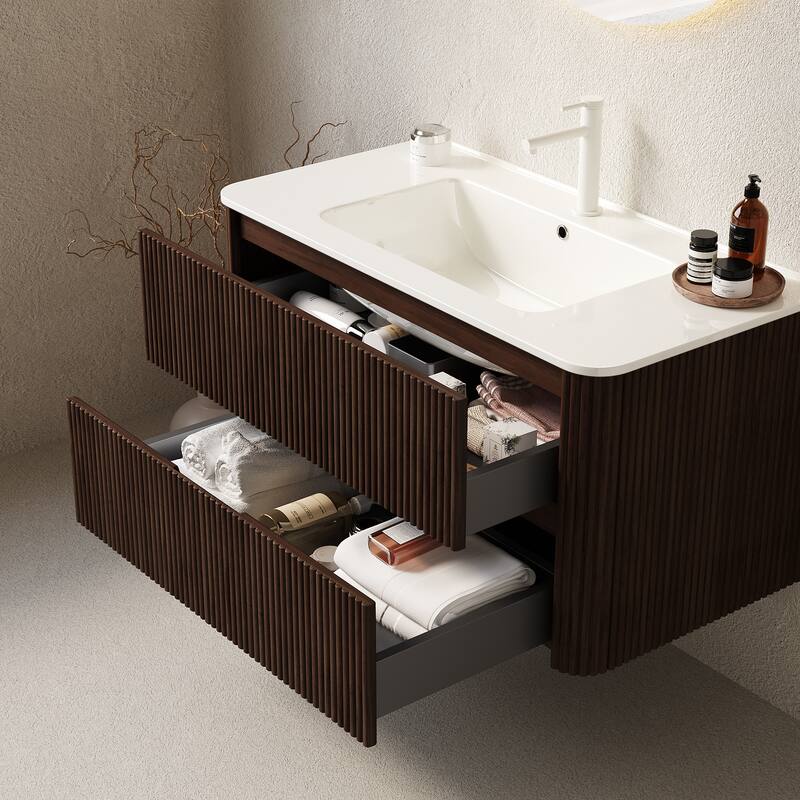 GDFStudio - Noor Modern Floating Bathroom Vanity with Dual Drawers & White Ceramic Basin, WITHOUT Faucet