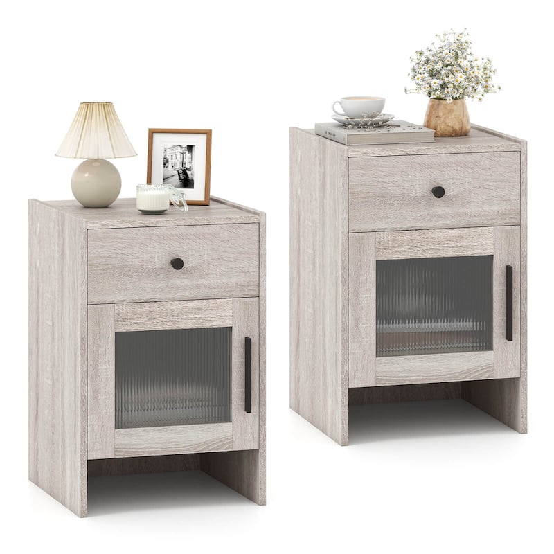 Costway 1/2 PCS Farmhouse Nightstand Fluted Bed Side Table with Large - Antique Brush White - 2-drawer