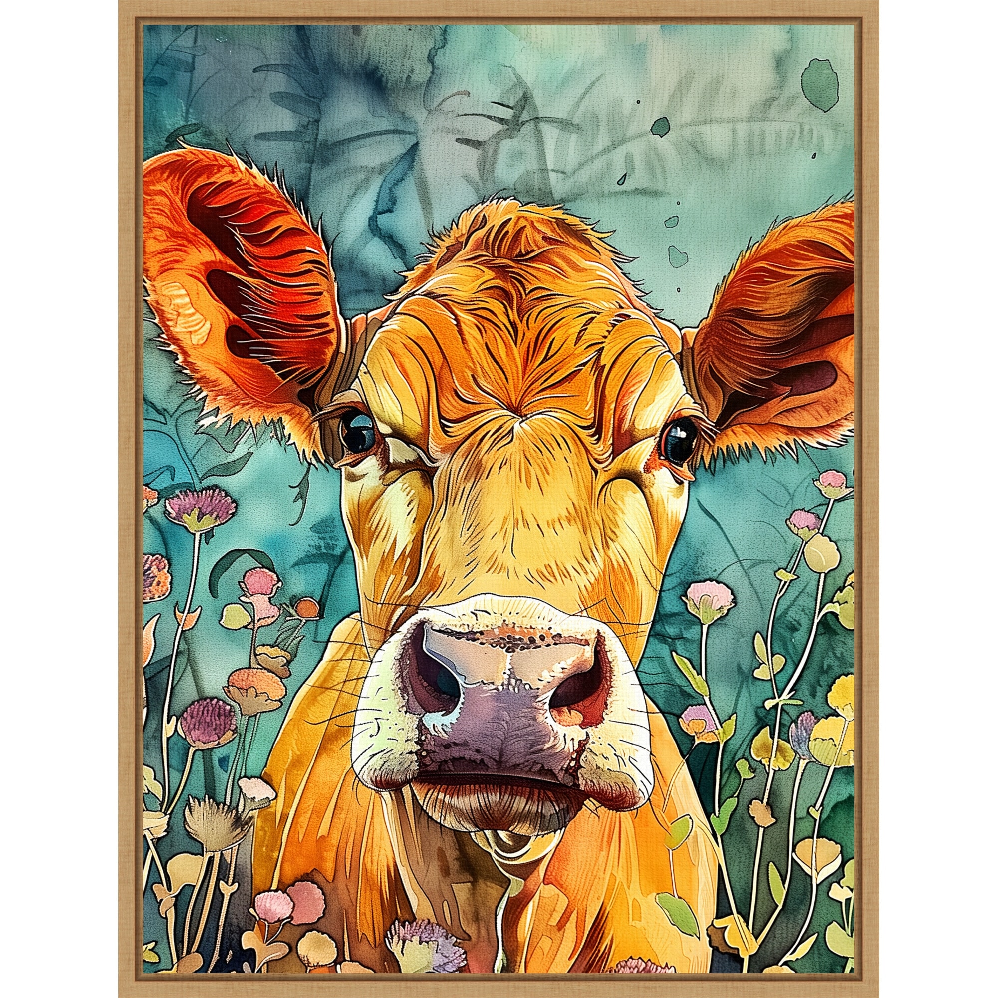 Cow in Flowers by Justyna Jaszke Framed Canvas Wall Art