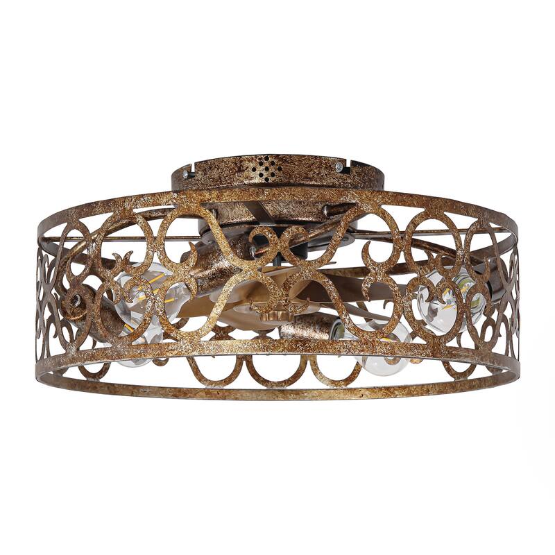 18-inch Rustic Gold Metal Caged Flush Low Profile Celing Fan with Remote and APP Control