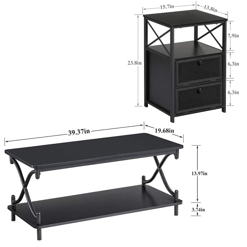 Javlergo 3-Piece Coffee Table Set Includes Modern Coffee Table and Nightstand Set of 2, Black