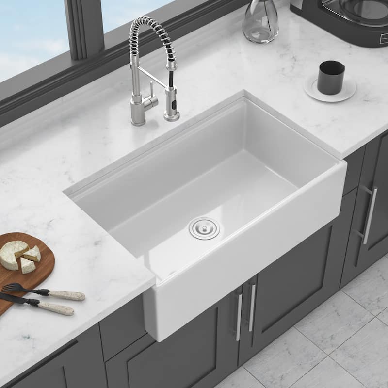 33" White Farmhouse Kitchen Sink Workstation - White Porcelain Ceramic Sngle Bowl Reversible Design Kitchen Sink
