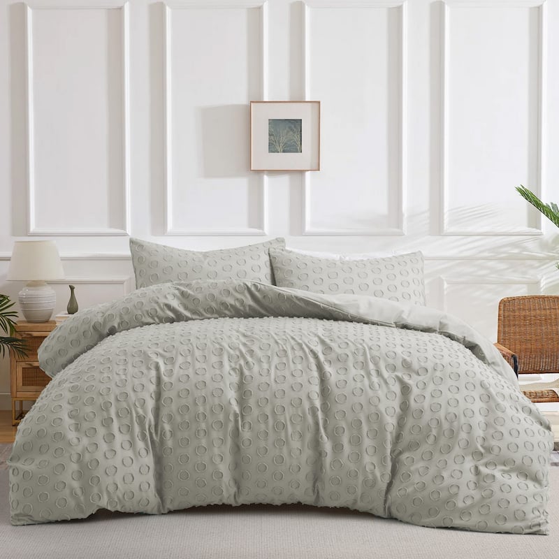 Circle Clipped Jacquard Duvet Cover Set - Light Gray - Full - Queen