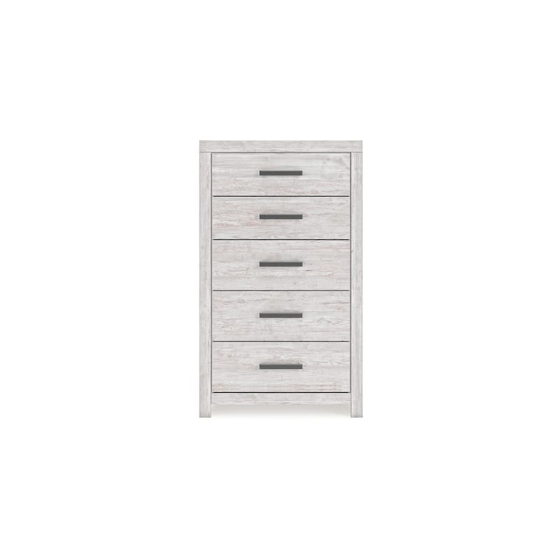 Cany Tall Dresser Chest, 5 Drawers w Black Handles, Vintage Whitewash