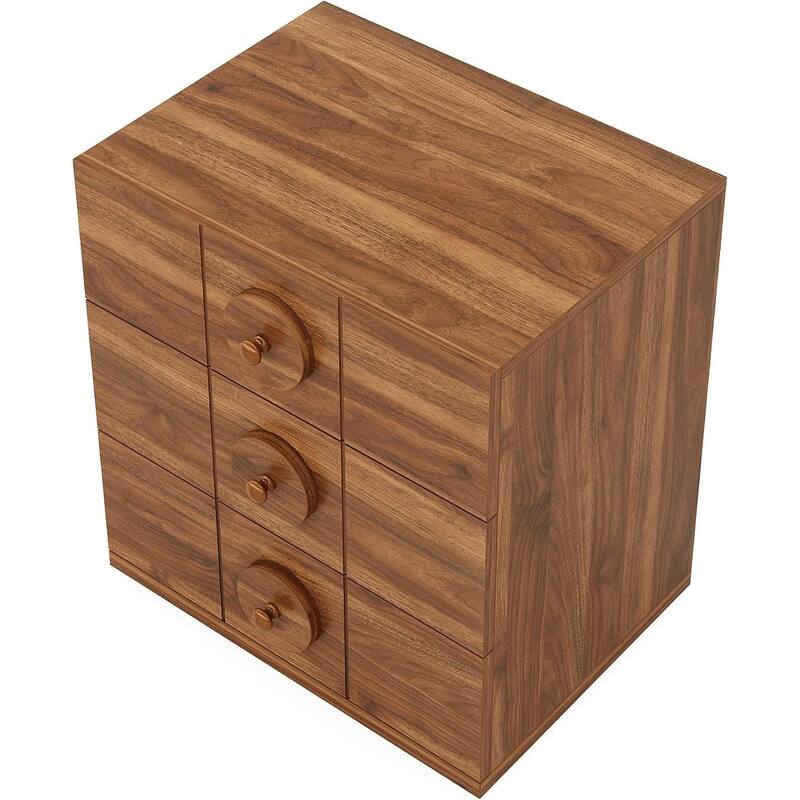 Natural Wood Metal 3-Drawer Nightstand with Checkerboard Design