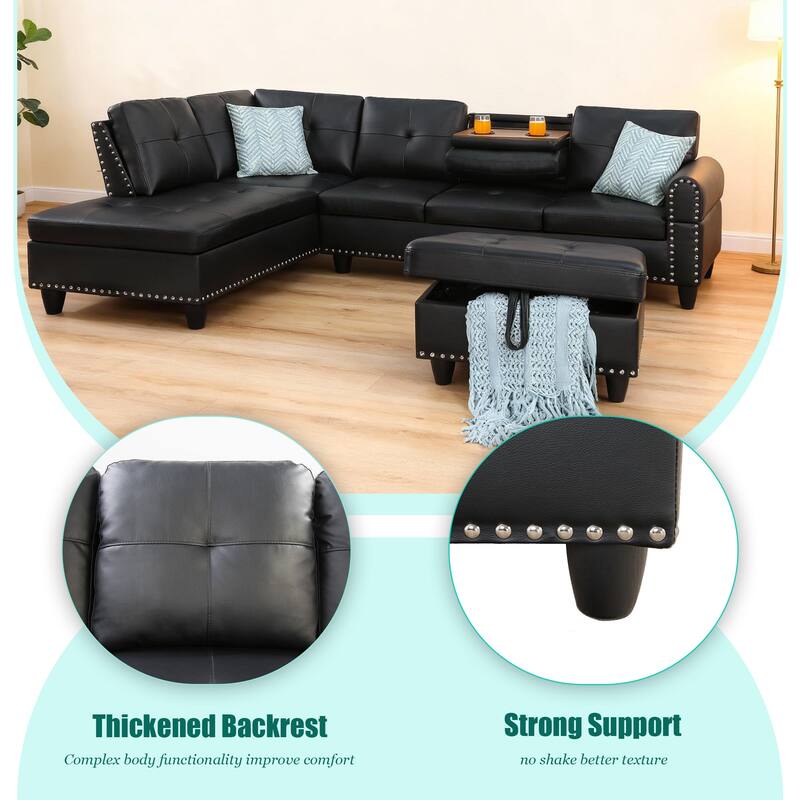 HOMEFUN Linen/Leather Upholstered L-Shaped 4-seater Multifunctional Sectional Sofa with Storage Ottoman,Cup Holder