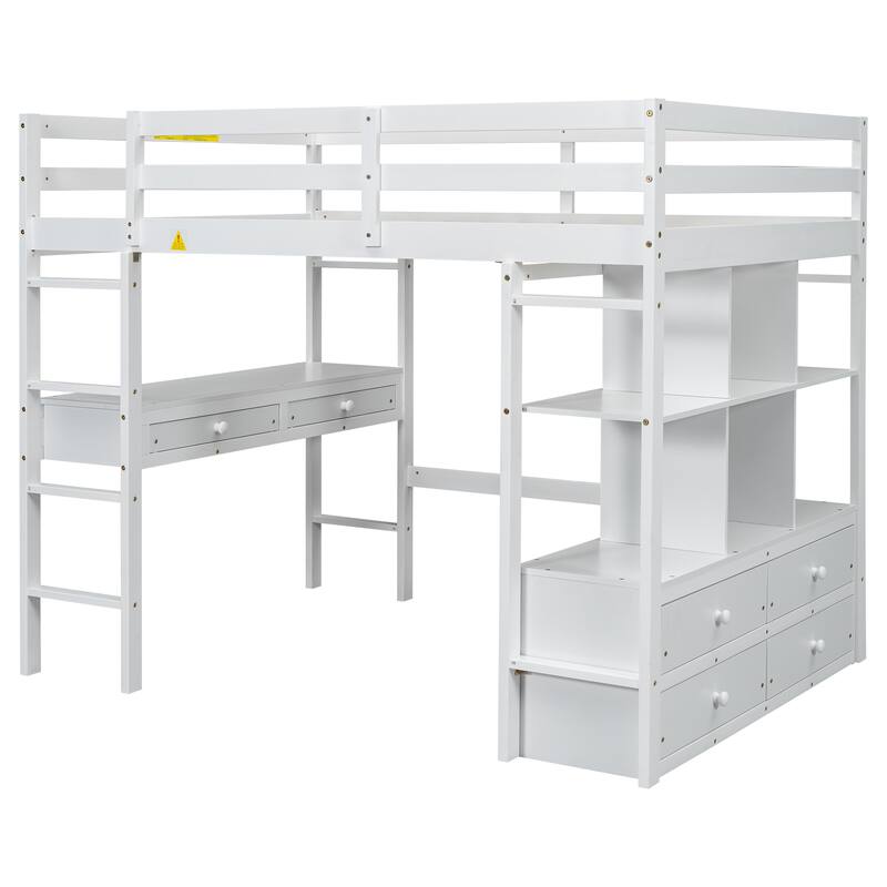 White Full Size Pine Wood Loft Bed with Built-in Desk, Drawers, and Storage