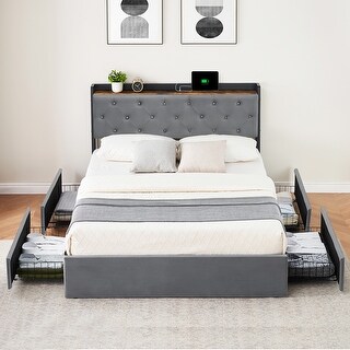 Bed Frame with 4 Storage Drawers and Velvet Upholstered Headboard - Bed ...