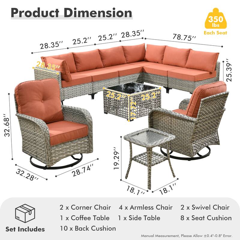 XIZZI 10-piece Patio Furniture Wicker Sectional Set with Swivel Chair