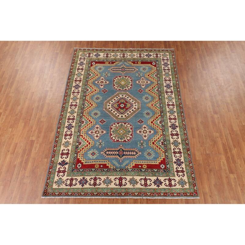 Blue Kazak Rug Hand-Knotted Traditional Oriental Wool Carpet - 6'9" x 9'8"