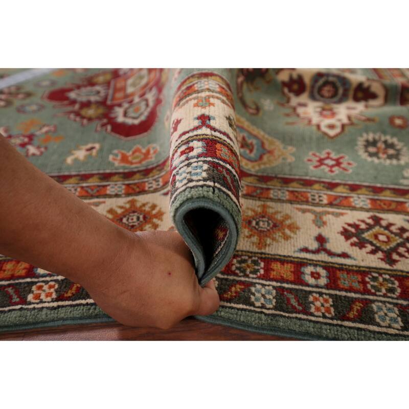 Hand Knotted Oriental 100% Wool Carpet Traditional Geometric Green Kazak Area Rug - 5' 10'' X 3' 11''