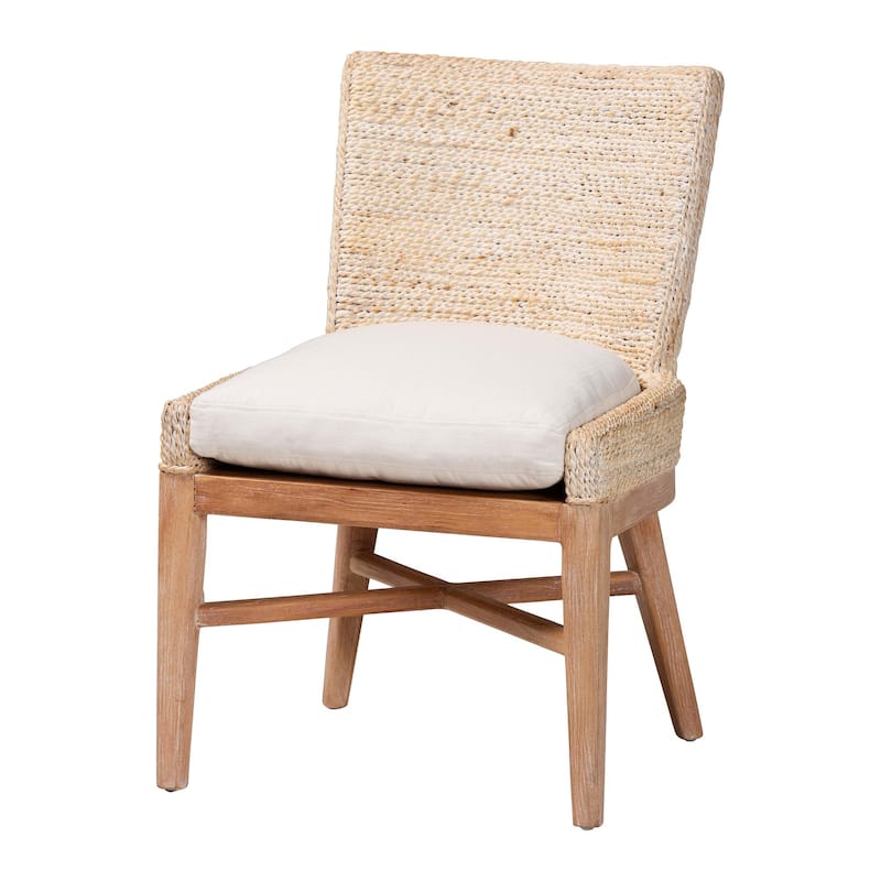 Ridley Seagrass Dining Chair with Mahogany Wood Frame - Coastal Accent Chair with Woven Square Back and Cushioned Seat - White Wash