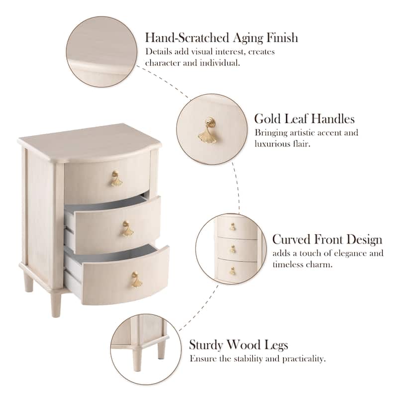 COZAYH Elegant 3-Drawer Nightstand with Gold Leaf Handles, Vintage Curved Front Design, Distressed Finish