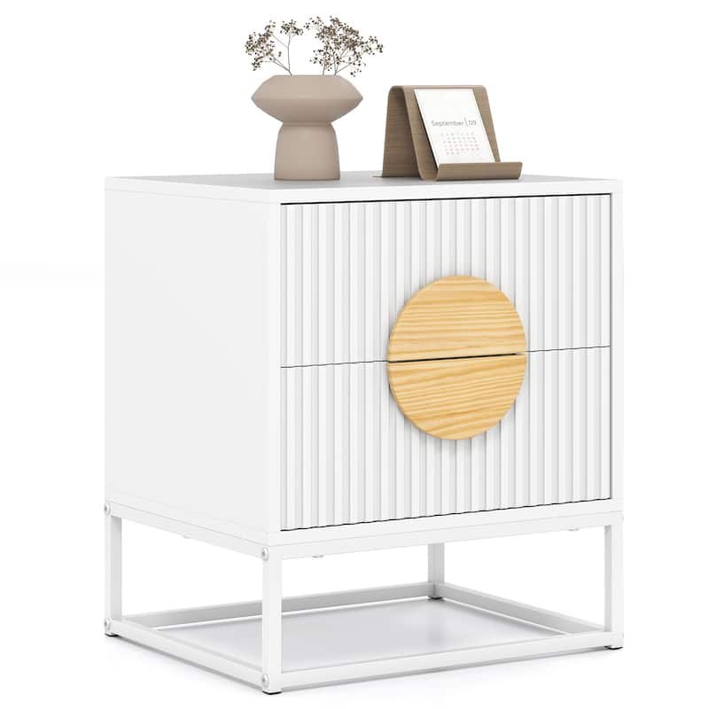 Modern Wooden Fluted Nightstand with 2 Storage Drawers and Metal Base for Bedroom