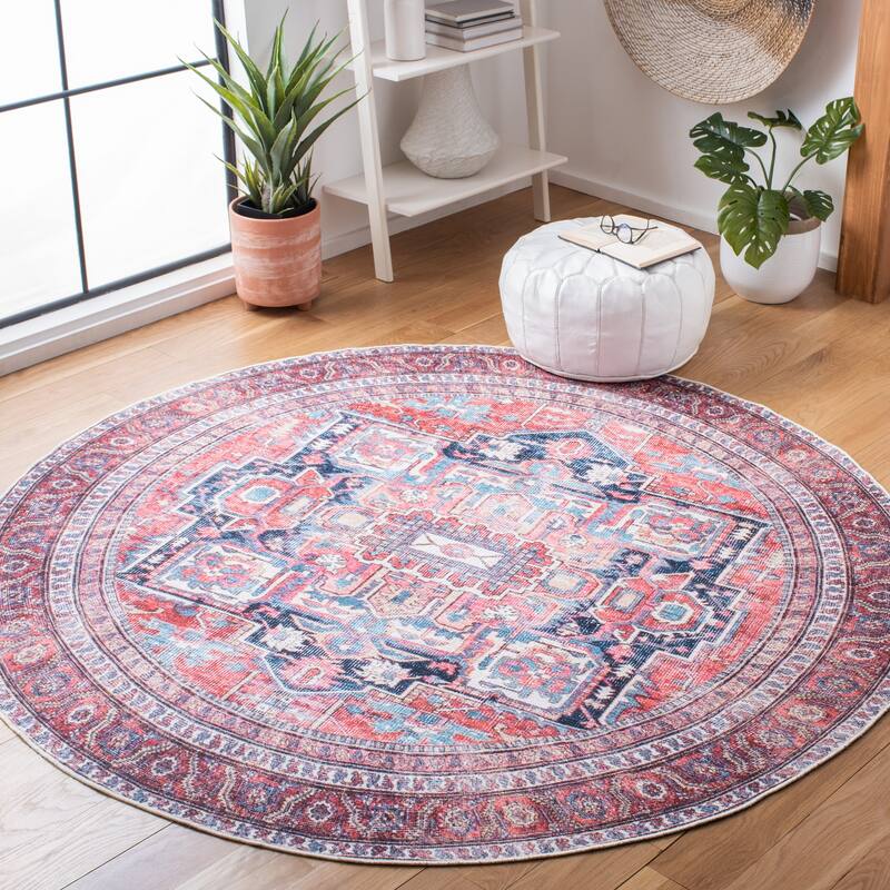 SAFAVIEH Serapi Machine Washable Vallie Medallion Distressed Rug - 6'7" Round - Red/Navy
