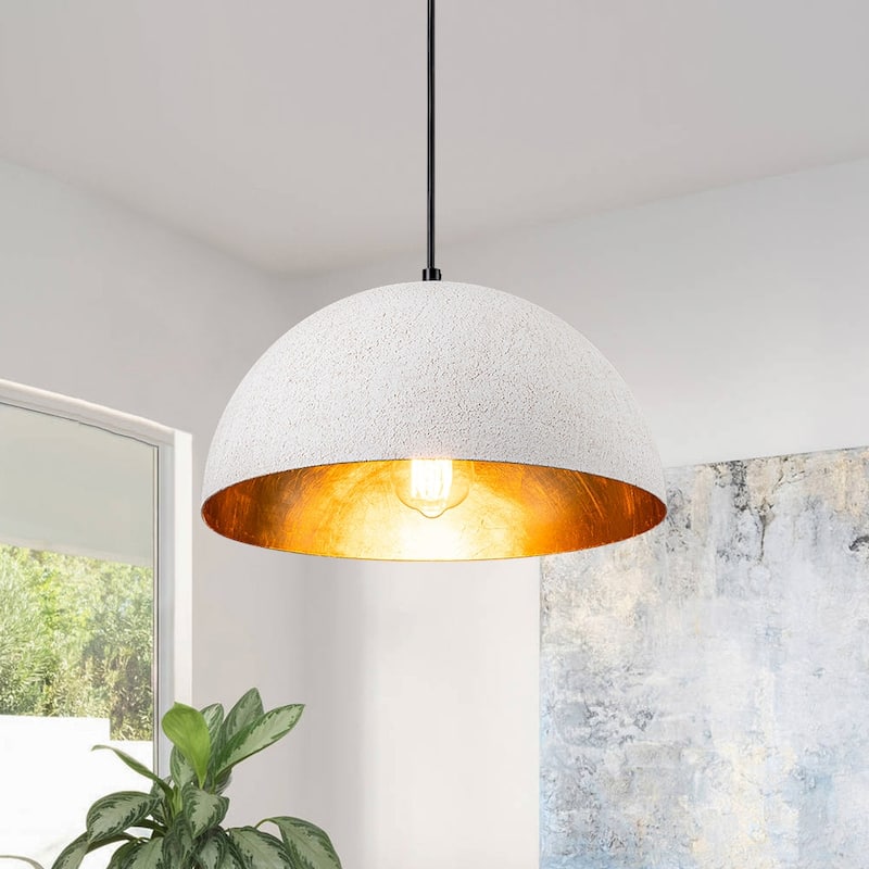 Single-Light Distressed White Gold Foil Metal Dome Pendant - 13.8in