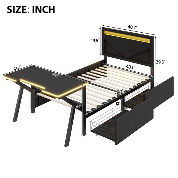 Twin Size Metal Gaming Platform Bed with LED Headboard, LED Desk, USB and 2 Drawers
