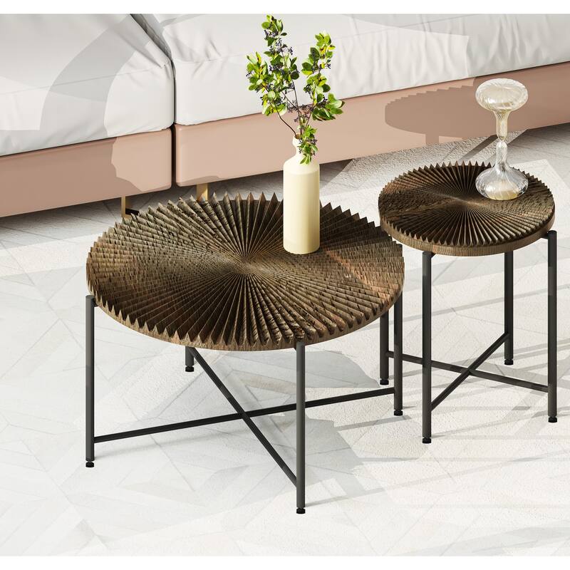 2-Piece Coffee and End Table Set - Waterproof MDF with PVC Cover, Distressed Cylindrical Design - Walnut Brown