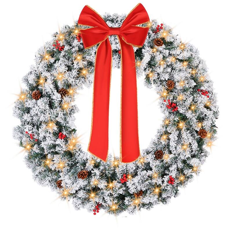 Pre-lit Snow Flocked Christmas Wreath, Lighted Artificial Xmas Wreath with Lights and DIY Ornaments, for Xmas Party Decorations