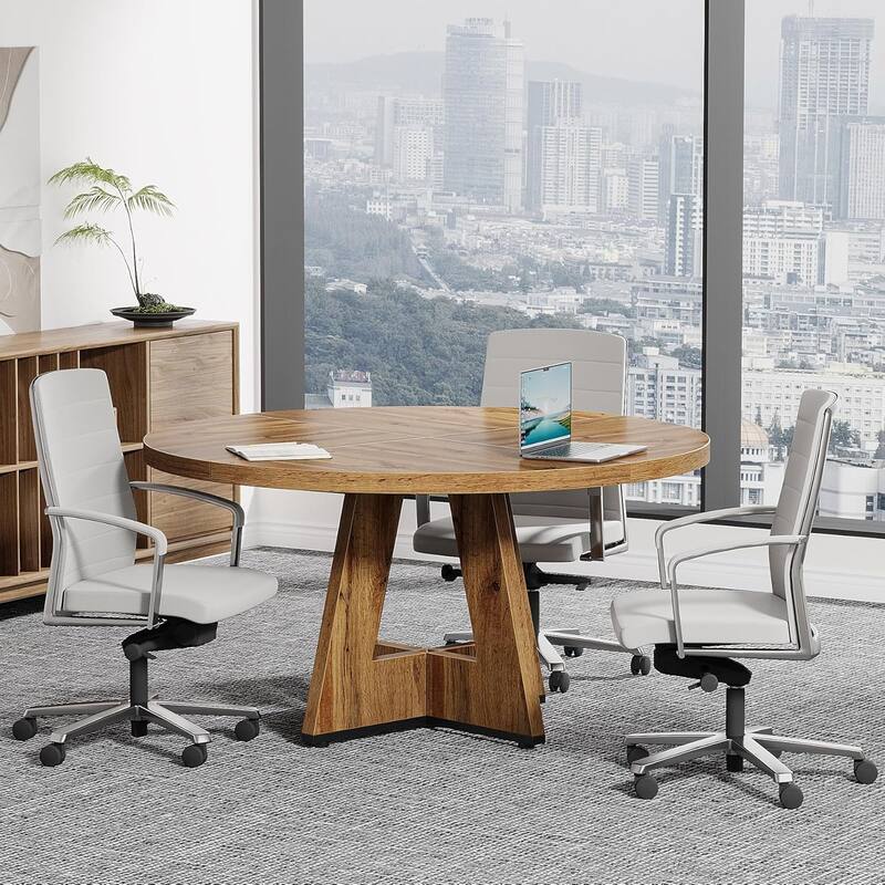 47" Round Conference Table Meeting Room Table with Thickened Top Wood Base Modern Training Desk for Conference/Seminar Room