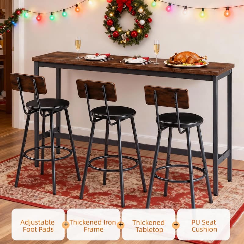 Bar Table and Chairs Set for 3, 4 Piece Industrial Dining Table Set with 3 PU Upholstered Bar Stools