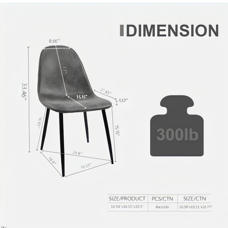 Set of 4 Modern Dining Chairs: Soft Suede Seat, Spoon Shape, Black Metal Legs for Dining Room/Kitchen