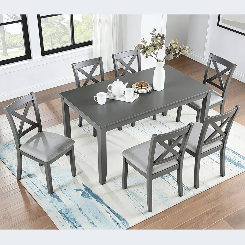 7-Piece Dining Set, 58.5" Wood Dining Table with 6 Padded Chairs - Grey